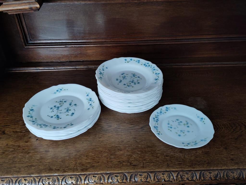 Retro Arcopal servies met vergeet-me-nietjes, Ophalen, Bord(en), Overige stijlen, Glas