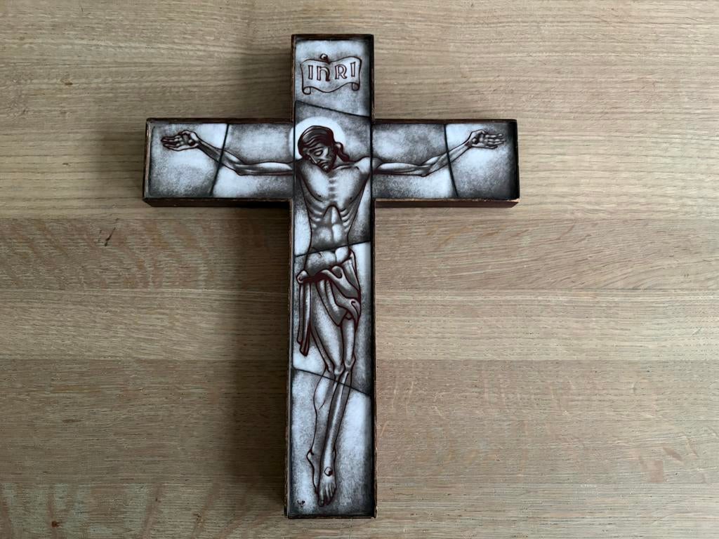 Antiek kruis Christus van opaline tegelfragmenten, Ophalen of Verzenden, Zo goed als nieuw