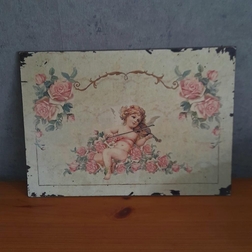 Brocante metalen bord engel met viool, Ophalen of Verzenden
