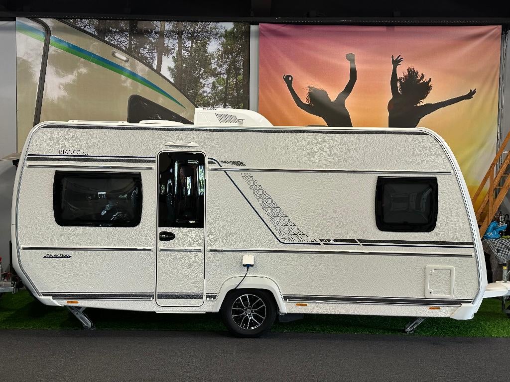 Fendt Bianco 465 SFB Airco+Mover+Zonnepaneel+accu+Voortent, Caravans en Kamperen, Omvormbare zithoek, Rondzit, Schokbreker, Bedrijf