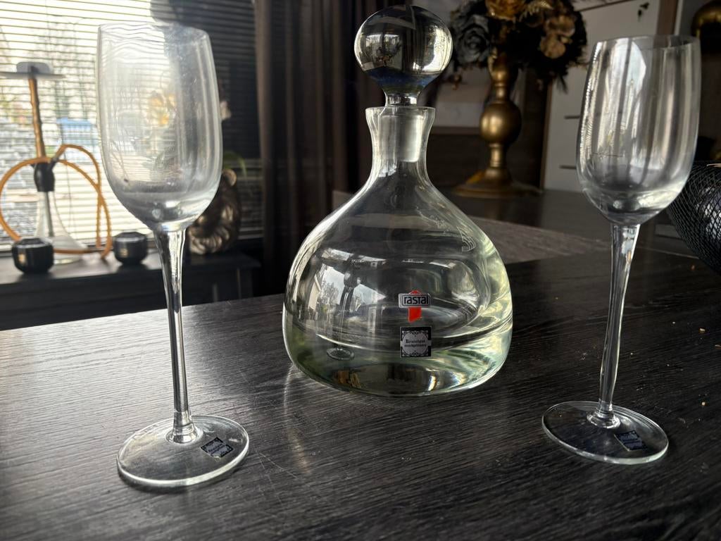 Rastal kristallen karaf met 2 glazen mondgeblazen kristal, Overige typen, Ophalen of Verzenden, Zo goed als nieuw, Rastal