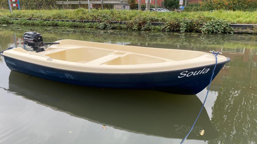 Te koop Polyester boot 3.60 m/4PK Mercury motor + toebehoren, Ophalen, Gebruikt, Tot 10 pk, 3 tot 6 meter