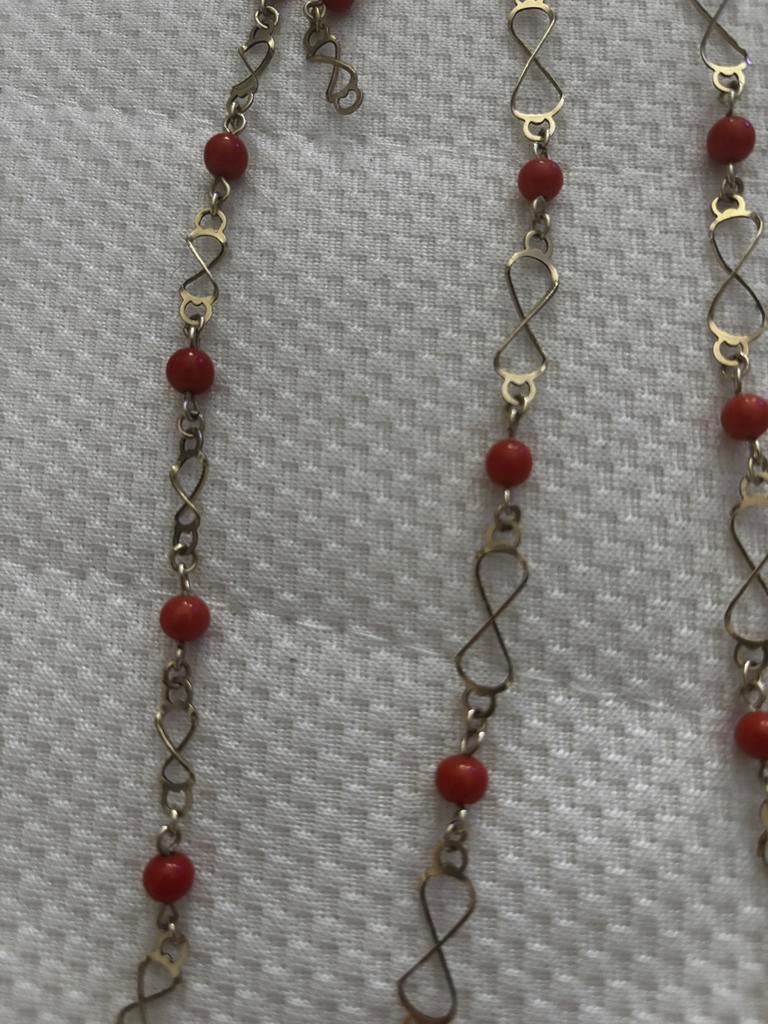 Antieke ketting met armband met bloedkoraal verguld., Sieraden, Tassen en Uiterlijk, Ophalen of Verzenden, Zo goed als nieuw, Rood