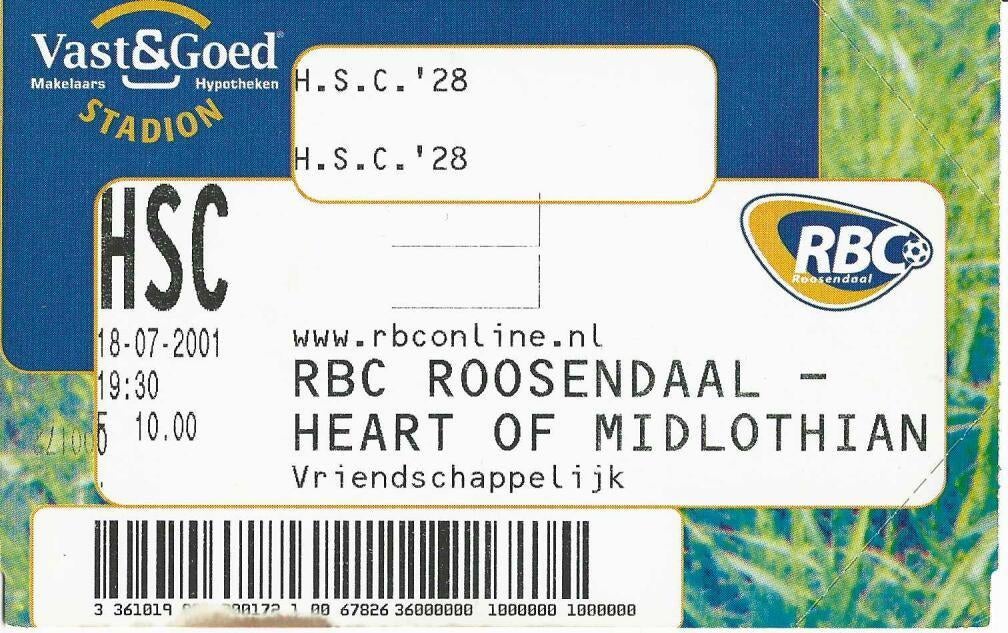 Ticket 01-02 RBC - Hearts, Verzamelen, Sportartikelen en Voetbal, Ophalen of Verzenden, Zo goed als nieuw, Overige binnenlandse clubs