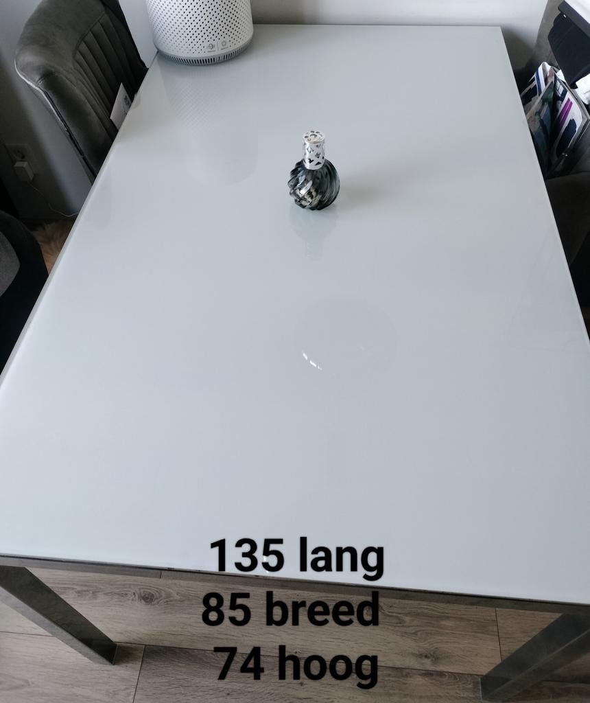 Chrome set eettafel en salontafel met geslepen melk glas, Ophalen, 100 tot 150 cm, 50 tot 75 cm, 50 tot 100 cm