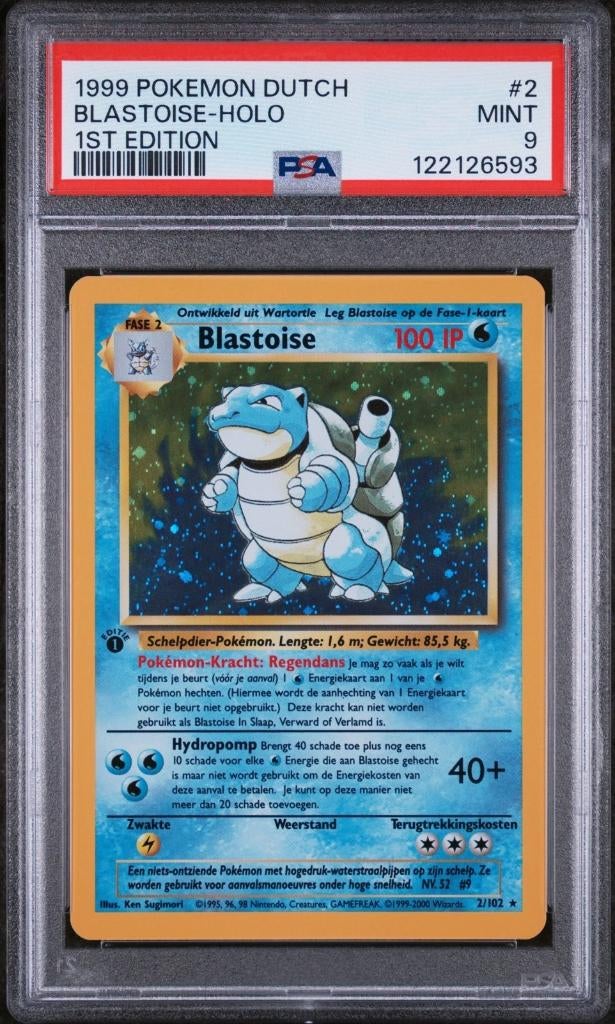 1999 Pokemon Dutch #2 Blastoise Holo 1st Edition Mint PSA 9, Ophalen of Verzenden, Nieuw, Losse kaart