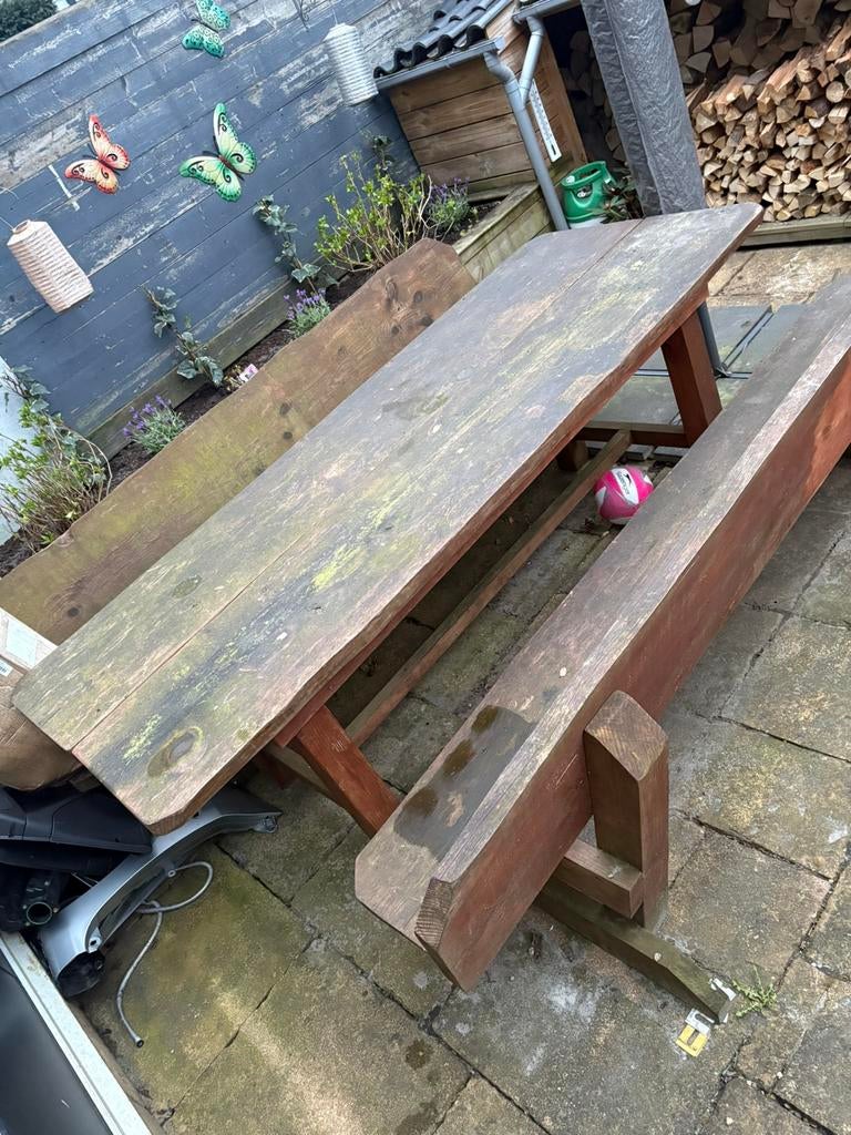 Mooie stevige zware boomstam tafel met banken, Ophalen, Gebruikt, Rechthoekig, Hout
