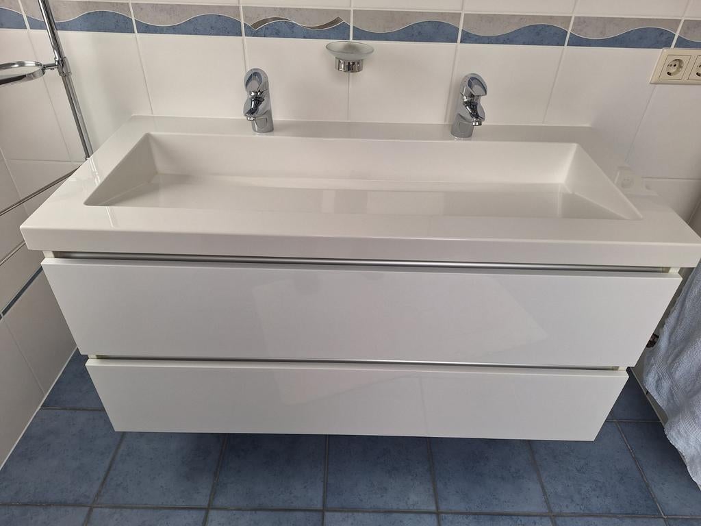 Te koop. Dubbele wastafel met lade kast., Ophalen, 100 tot 150 cm, Minder dan 100 cm, Wasbak of Wastafel