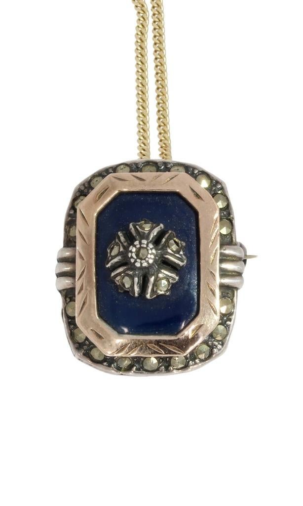 Blauw glas markasiet antieke 14k gouden ketting hanger retro, Sieraden, Tassen en Uiterlijk, Antieke sieraden, Verzenden, Goud