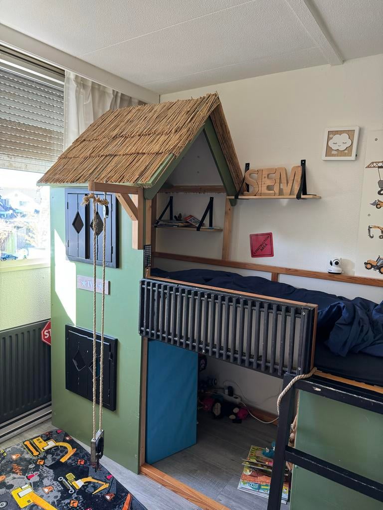 IKEA Kura half hoogslaper met dak en katrol, Ophalen, 85 tot 100 cm, Gebruikt, Hoogslaper of Stapelbed