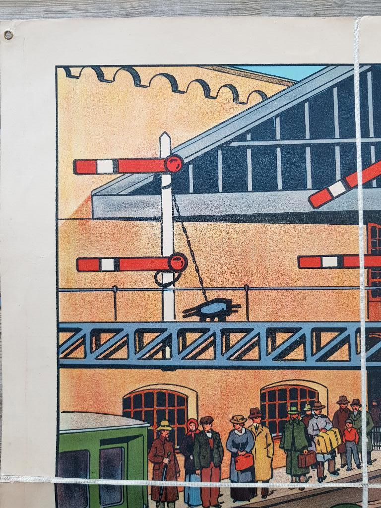 Treinstation oude schoolplaat uit Frankrijk litho op canvas., Antiek en Kunst, Ophalen of Verzenden