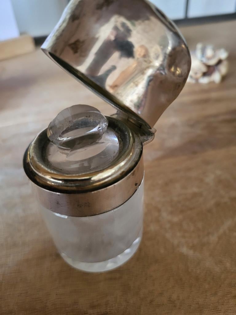 Antieke Zilveren Poederdoos met Geslepen Glas, Ophalen of Verzenden