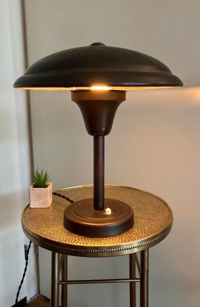 Antieke Art Deco koperen lamp Bauhaus Mushroom schemerlamp., Huis en Inrichting, Lampen | Tafellampen, Ophalen, Overige materialen