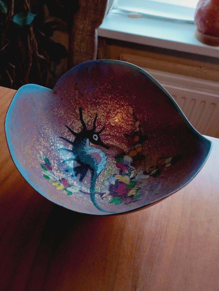 Vintage koperen schaaltje met zeepaardje emaille inleg, Antiek en Kunst, Antiek | Koper en Brons, Ophalen of Verzenden, Koper