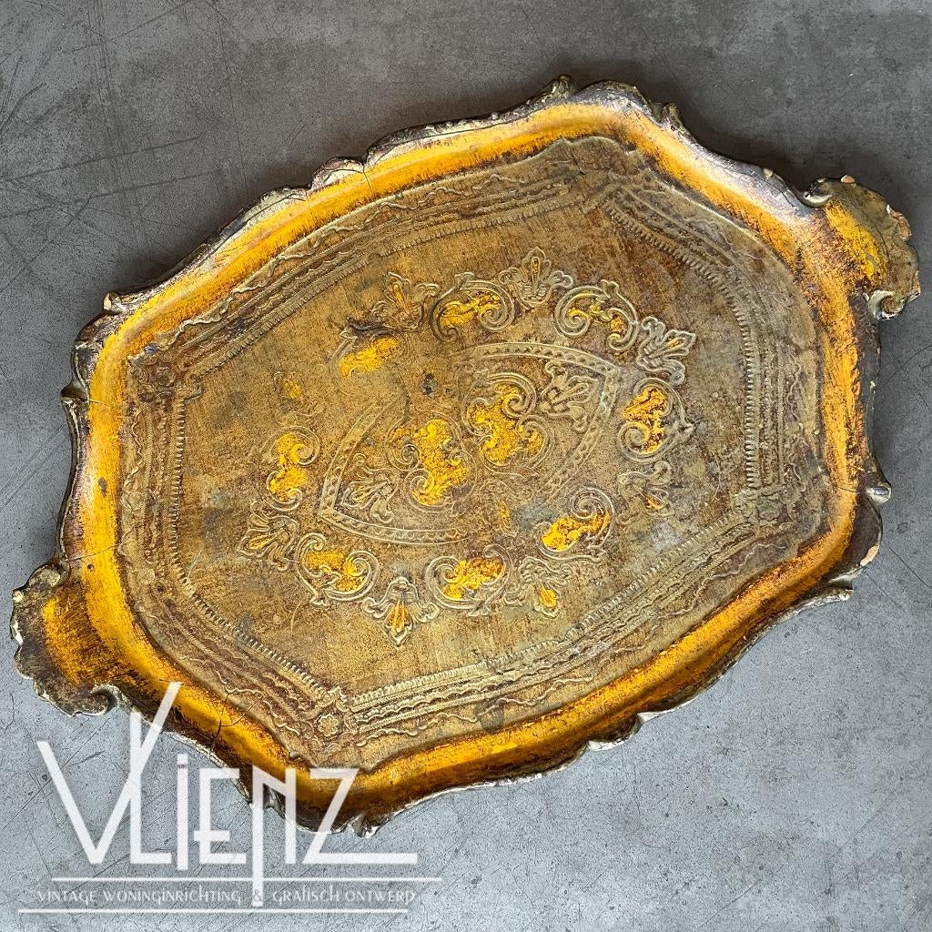 Vintage Florentijns dienblad goudkleurig en oranje, Gebruikt, -, -, Ophalen of Verzenden