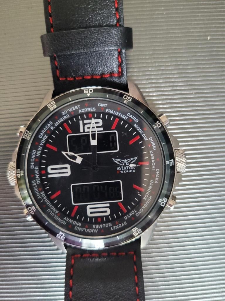 AVIATOR F serie AVW 1931G253 stopwatch en horloge, Overige merken, Leer, Staal, Polshorloge