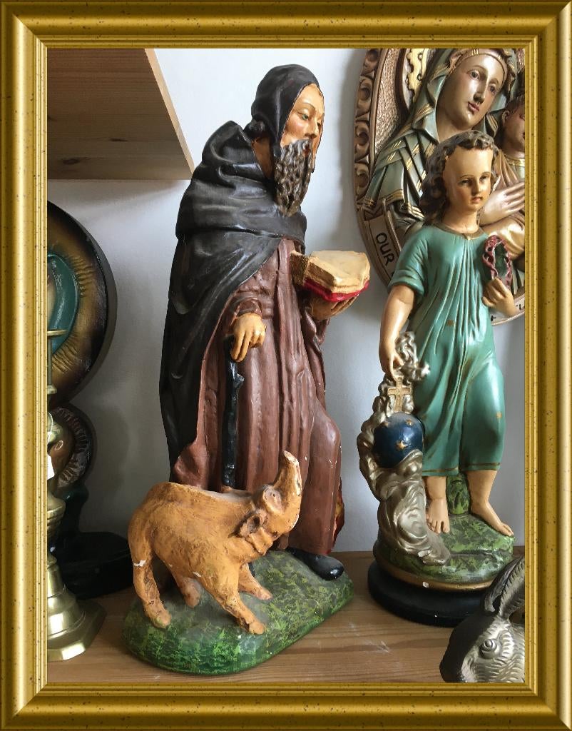 Oud gipsen beeld: Antonius met varken, Antiek en Kunst, Ophalen