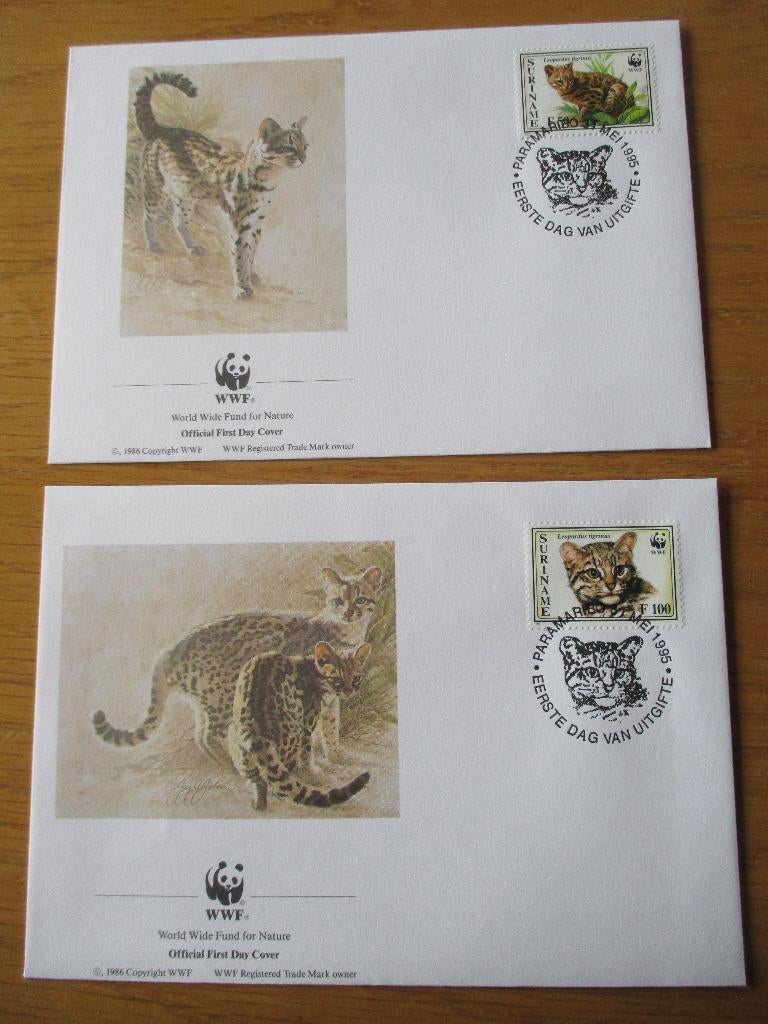 Kleine tijgerkat & Jaguarundi, WWF serie FDC's Suriname 1995, Verzenden, Gestempeld, Dier of Natuur