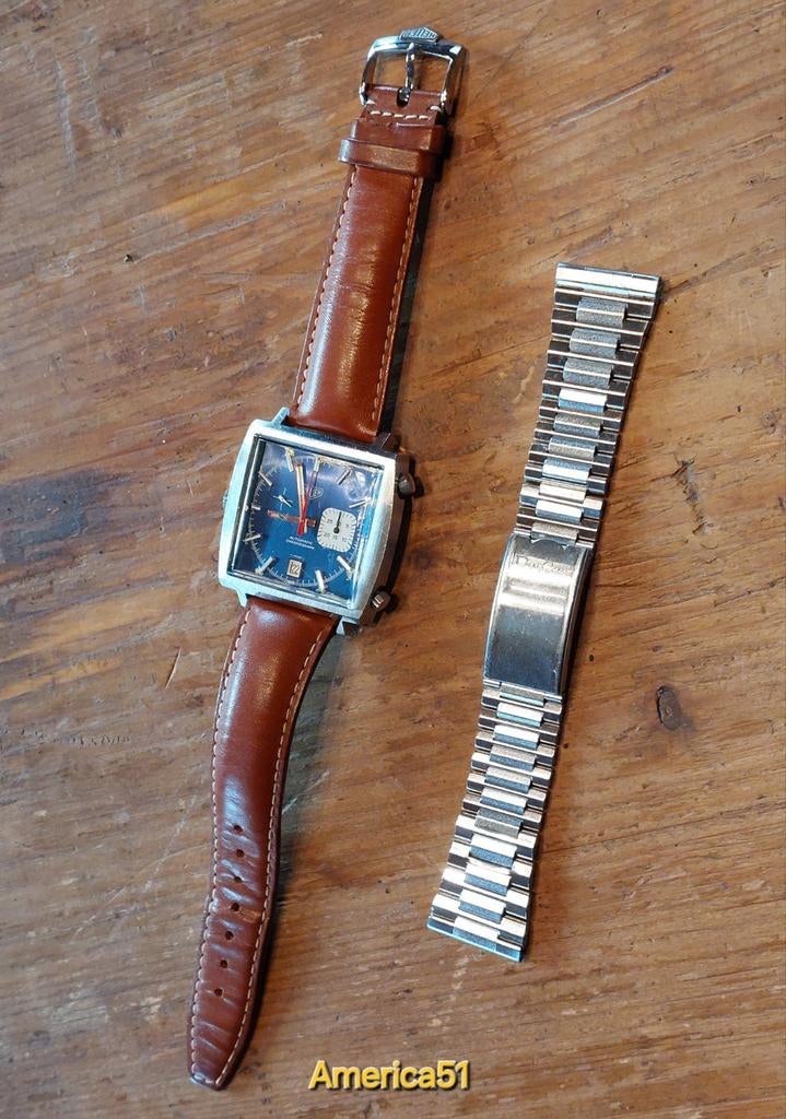 zeldzame Heuer Monaco caliber 15 leren en staalband, Staal, Polshorloge, Tag Heuer, Ophalen of Verzenden