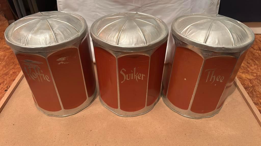 Vintage aluminium koffie, thee en suiker blikken, Ophalen of Verzenden, Gebruikt