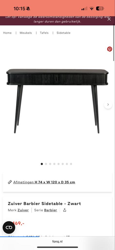 Zwarte Zuiver Barbier Sidetable, Ophalen, 100 tot 150 cm, Zo goed als nieuw, Metaal