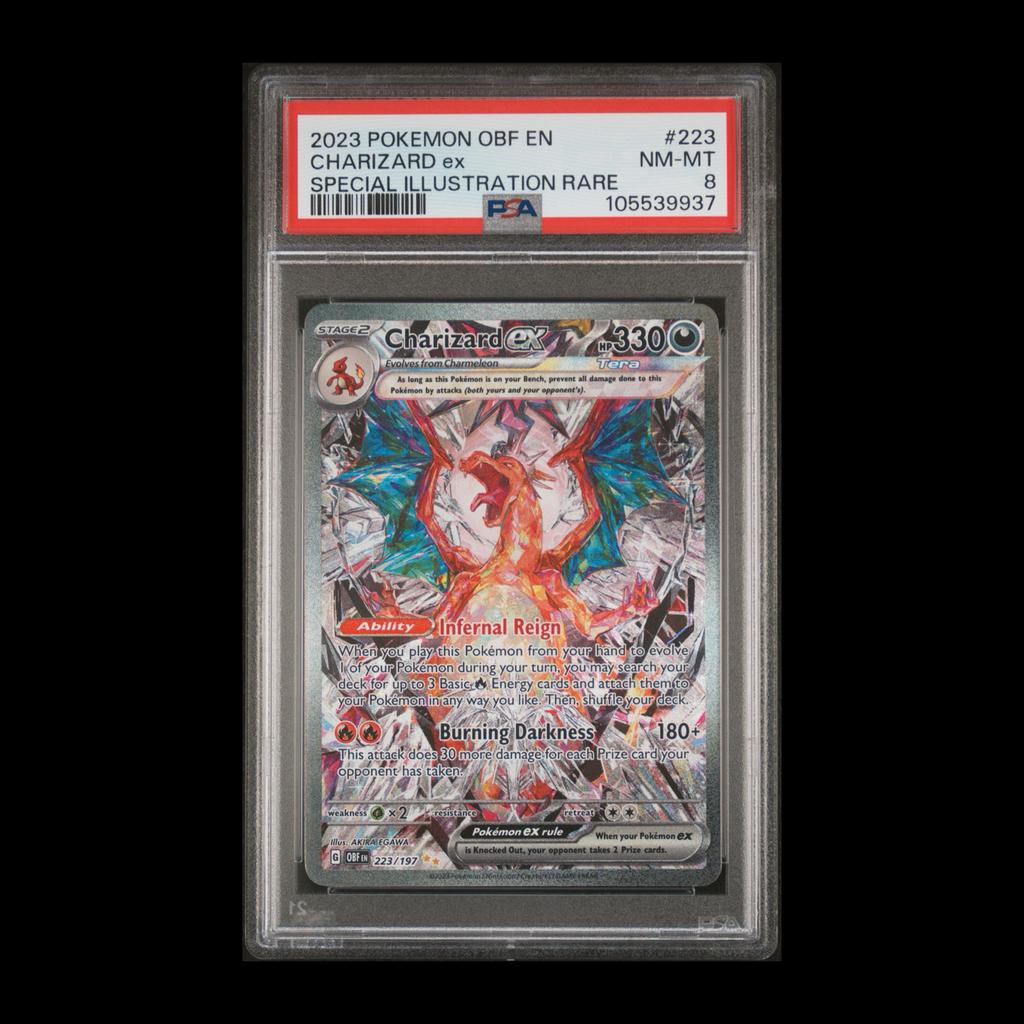 Charizard ex OBF 223 Special Illustration Rare PSA 8, Ophalen of Verzenden, Zo goed als nieuw, Losse kaart