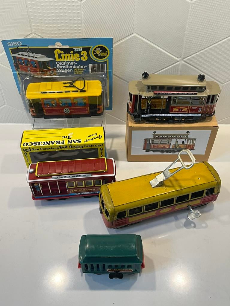 5 vintage blikken speelgoed trams kabeltrams De Jouet Braga, Antiek en Kunst, Antiek | Speelgoed, Verzenden