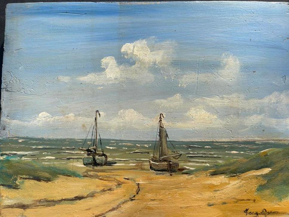 Schilderij: Kustlandschap met boten 18x24 Toon v Asten, Antiek en Kunst, Kunst | Schilderijen | Klassiek, Ophalen of Verzenden