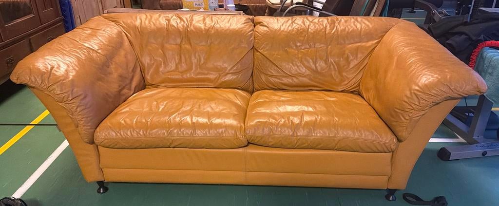 Gele lederen tweezits bank, Ophalen, Gebruikt, 150 tot 200 cm, Tweepersoons