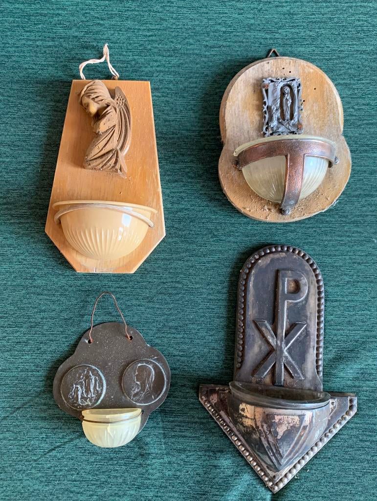 Diverse vintage wijwater bakjes, houders, vaatjes, Verzamelen, Ophalen of Verzenden, Gebruikt, Overige typen, Christendom | Katholiek