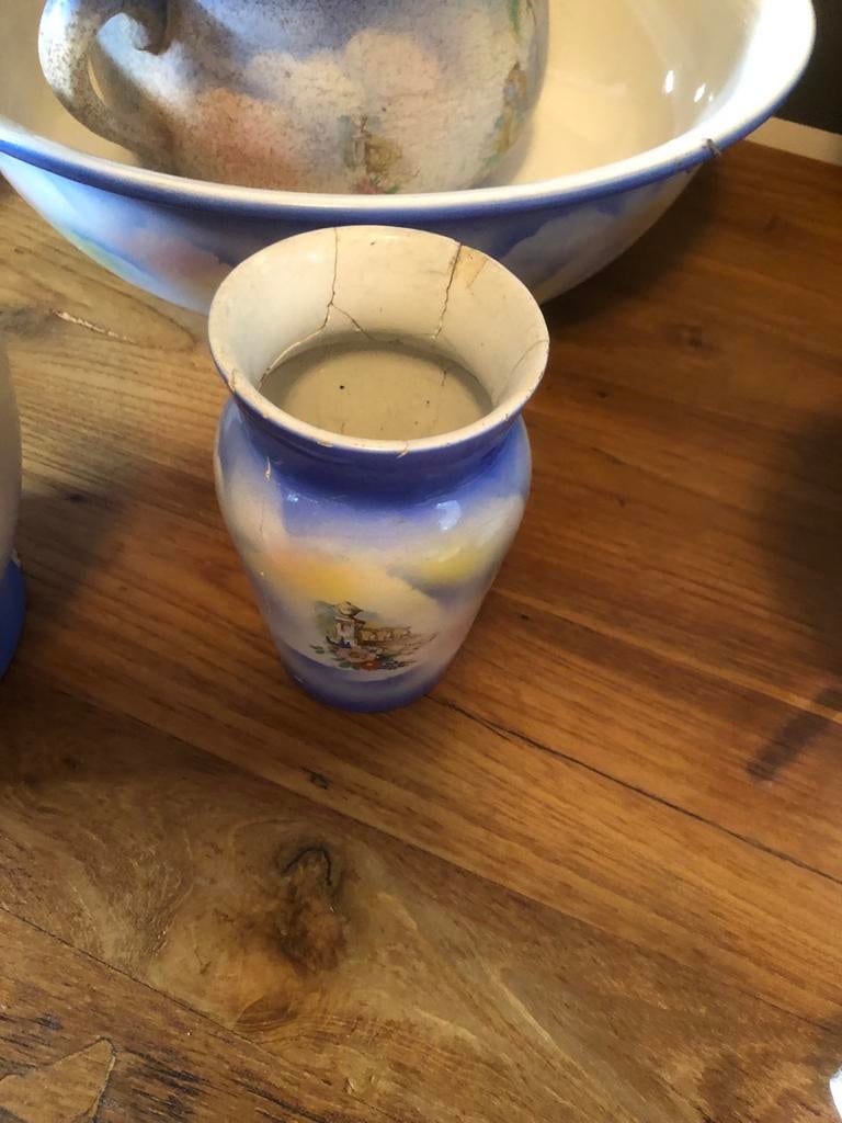 Antieke lampetstel  met blauw en wit decor, Antiek en Kunst, Ophalen