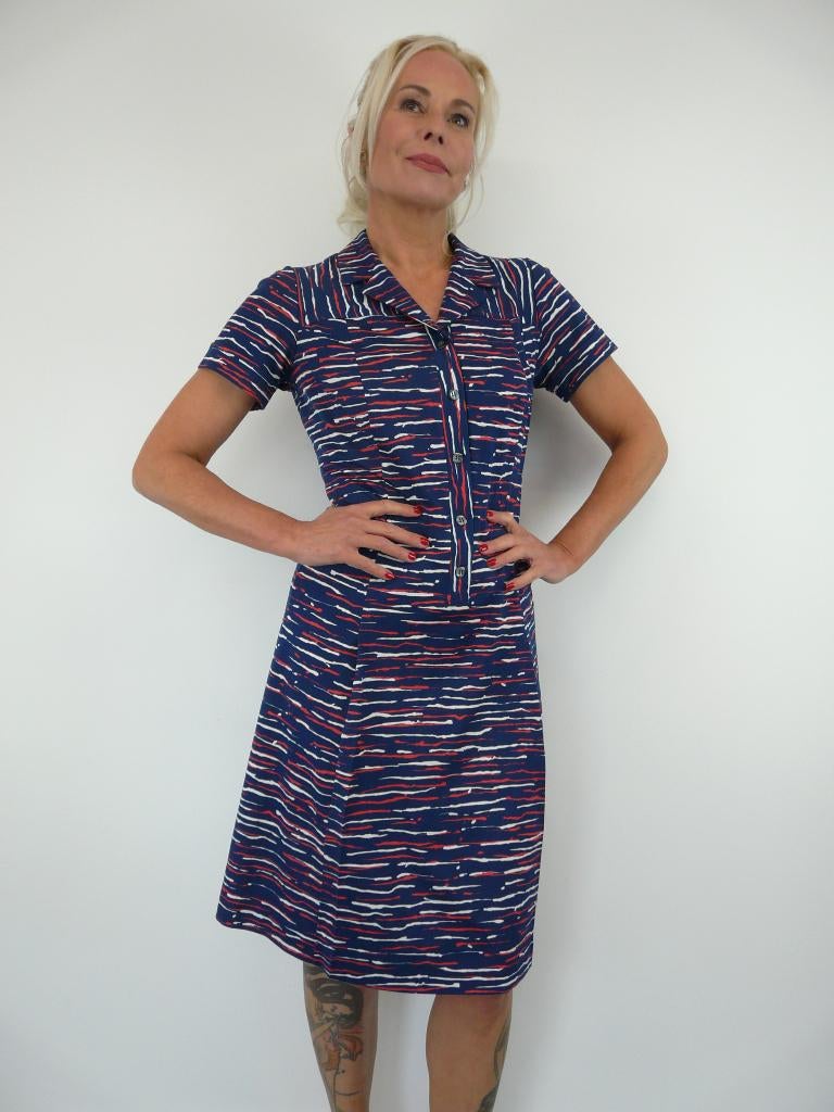 *Abfab Vintage 70's Jurk 40*, Kleding | Dames, Jurken, Zo goed als nieuw, Maat 38/40 (M), Blauw, Knielengte, Ophalen of Verzenden