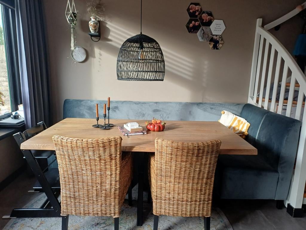 Eetkamerbank blauw velours met hoekstuk 250 x 112.5 cm, Ophalen of Verzenden, Gebruikt, Blauw, Overige maten