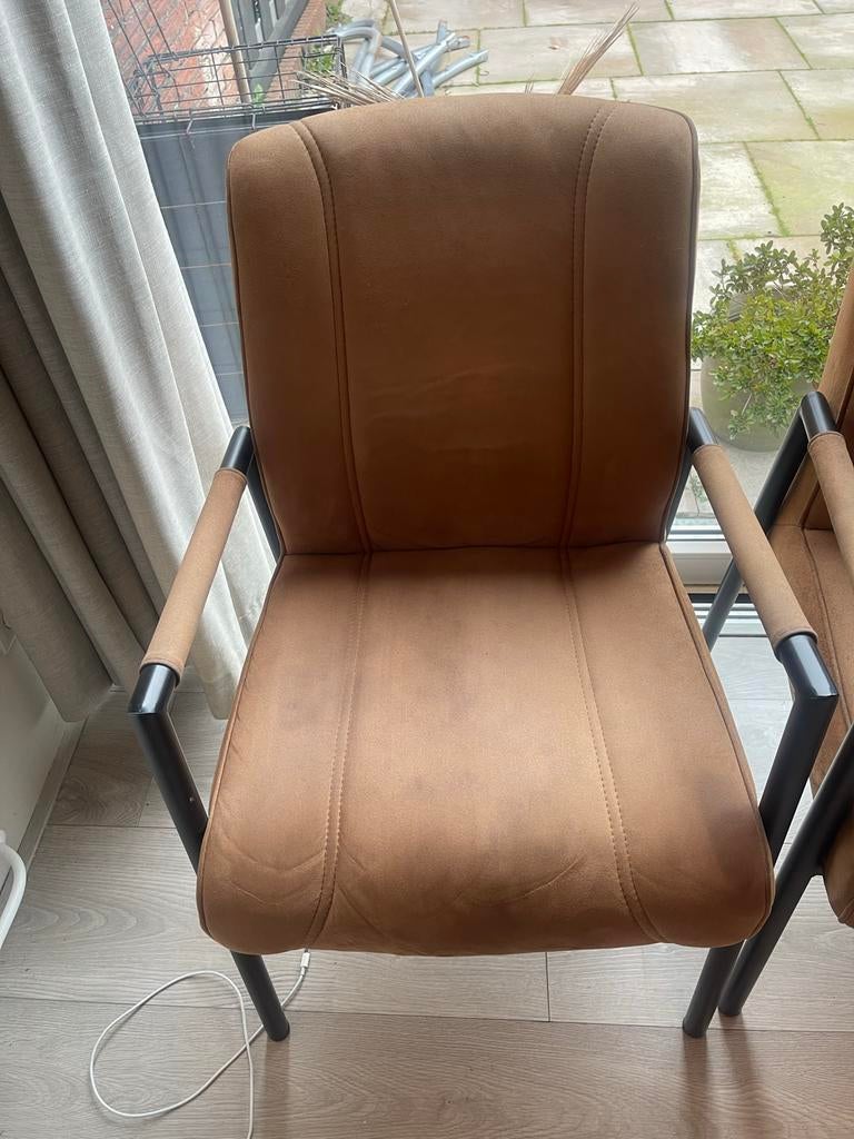5 Cognac Eetkamerstoelen met Armleuning, Ophalen, Gebruikt, Bruin, Stof