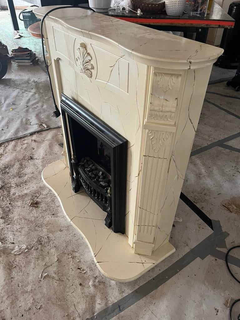 Decoratieve sfeerhaard in marmer look, Ophalen, Gebruikt, Vrijstaande haard, Elektrische haard