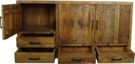 Dressoir 160 cm massief oud hout 4 lade 3 deuren voorraad., Verzenden, 150 tot 200 cm, Nieuw, Dressoir 160 cm massief oud hout 4 lade 3 deuren voorraad.
