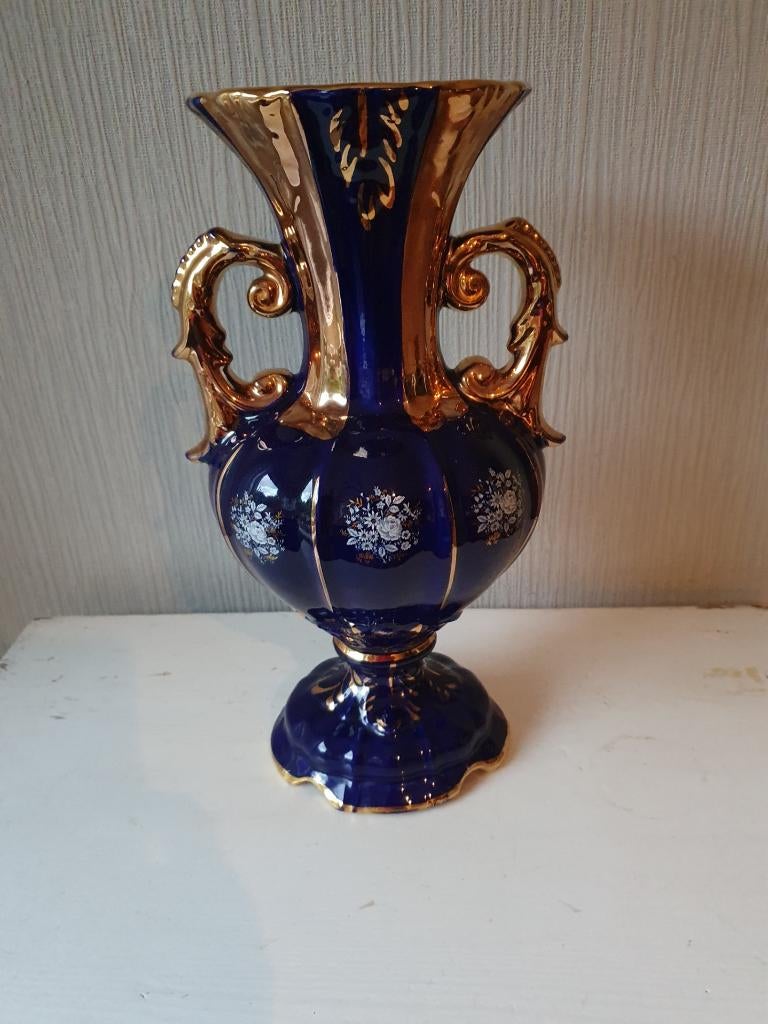 Exclusieve Italiaanse keramieken vaas - kobalt blauw 37 cm, Blauw, Aardewerk of Porselein, Ophalen of Verzenden, Zo goed als nieuw