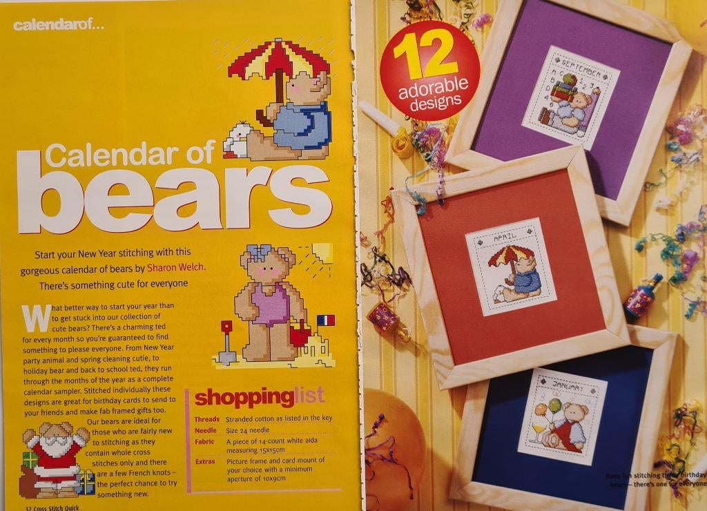 12 maanden Teddy beer kalender borduurpatronen, Hobby en Vrije tijd, Borduren en Borduurmachines, Ophalen, Nieuw, Handborduren