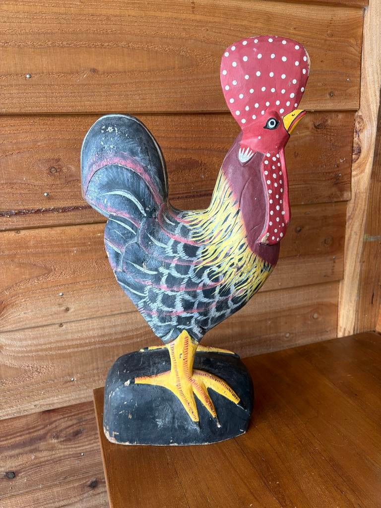 Houten haan, beschilderd, 54 cm hoog, Antiek en Kunst, Beeld, Hout, Meerkleurig, 50 - 100 cm