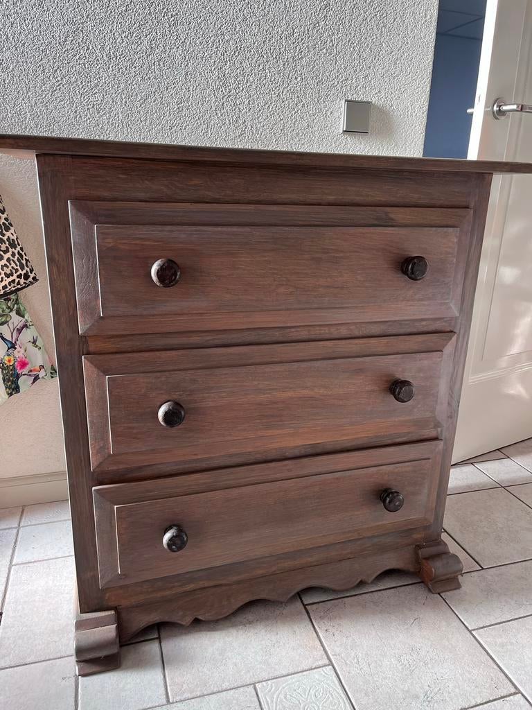 Franse eiken ladekast met 3 laden, Ophalen, Gebruikt, Eikenhout, 50 tot 100 cm