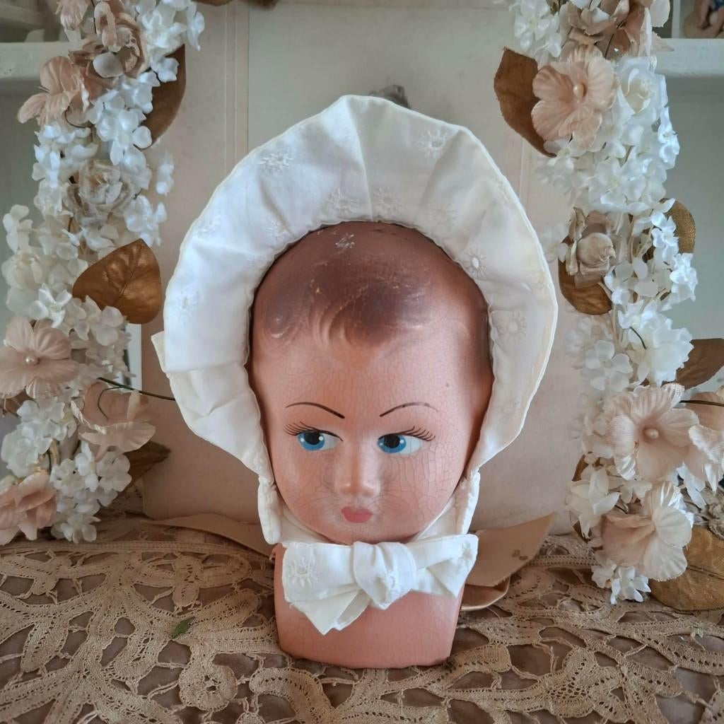 Brocante poppenhoofdje papier mache, Ophalen of Verzenden