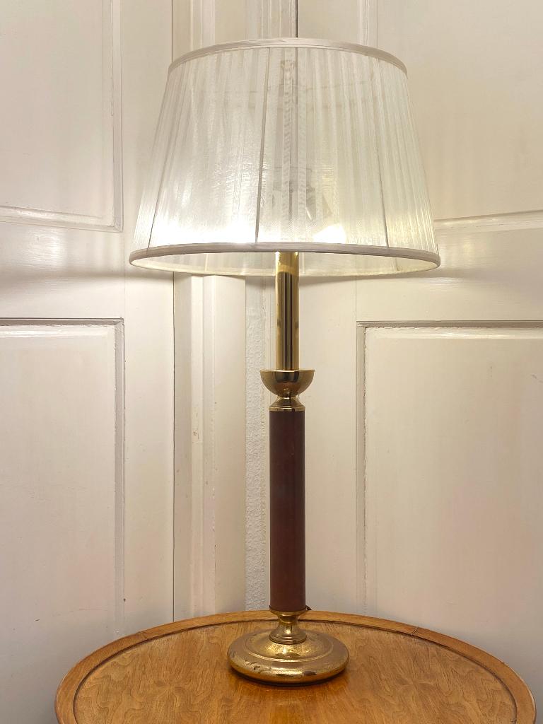 Vintage Regency Mid-Century 60s tafellamp, messing/leer, Huis en Inrichting, Lampen | Tafellampen, Gebruikt, 75 cm of meer, Hout