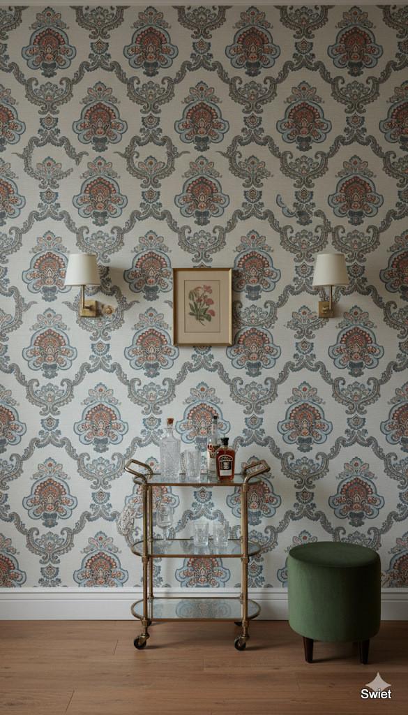 14132 blauw rood barok vintage wallpaper bohemian swiet, Verzenden, 75 m² of meer, Rood