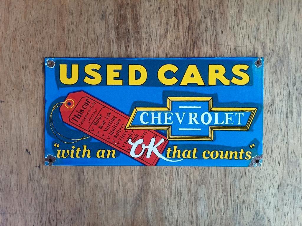 Emaille reclame CHEVROLET Used Cars reclamebord, Verzamelen, Ophalen of Verzenden, Gebruikt, Reclamebord