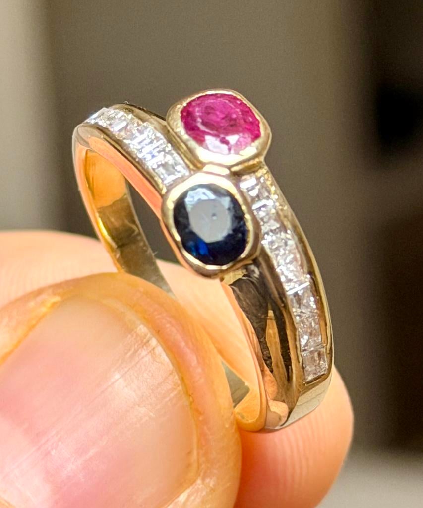 18K gouden ring met natuurlijke diamanten, saffier, robijn!, 19 tot 20, Ophalen of Verzenden, Met edelsteen, Dame