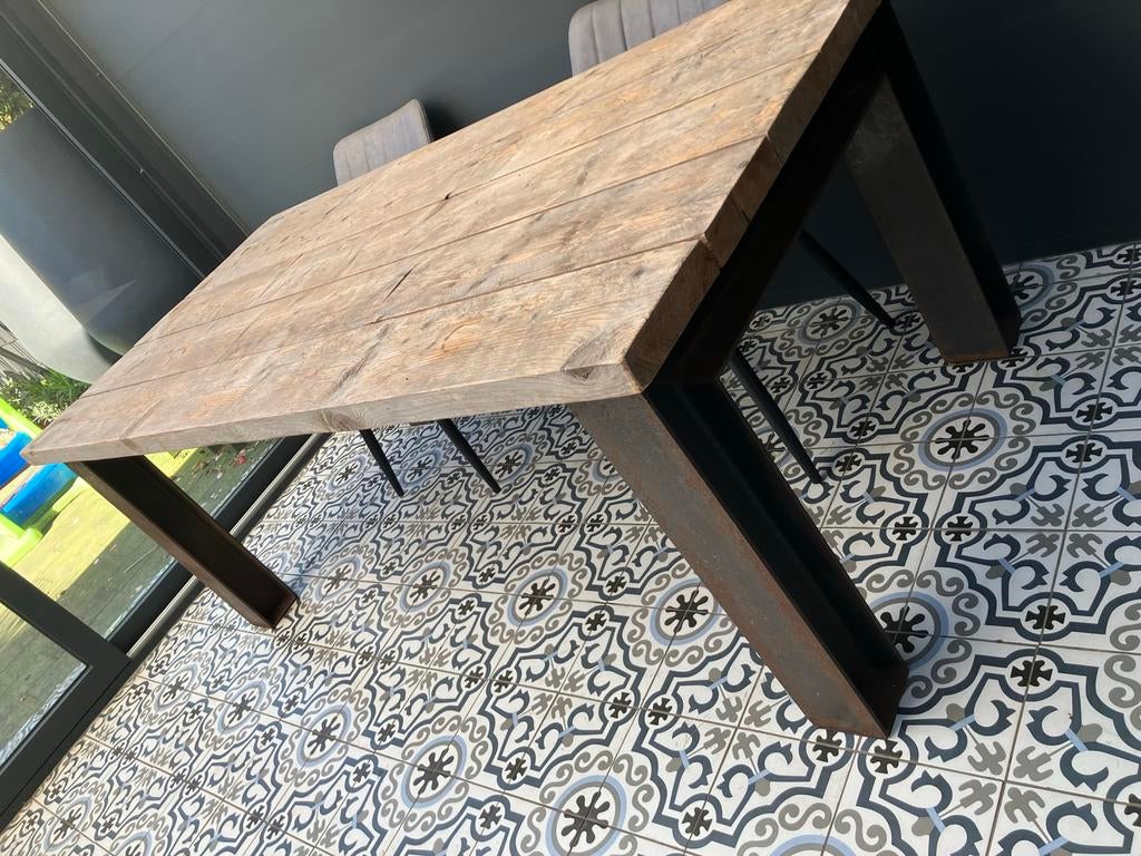 Stoere industriële JORG tafel-massief steigerhout & staal, Ophalen, Gebruikt, 50 tot 100 cm, 150 tot 200 cm