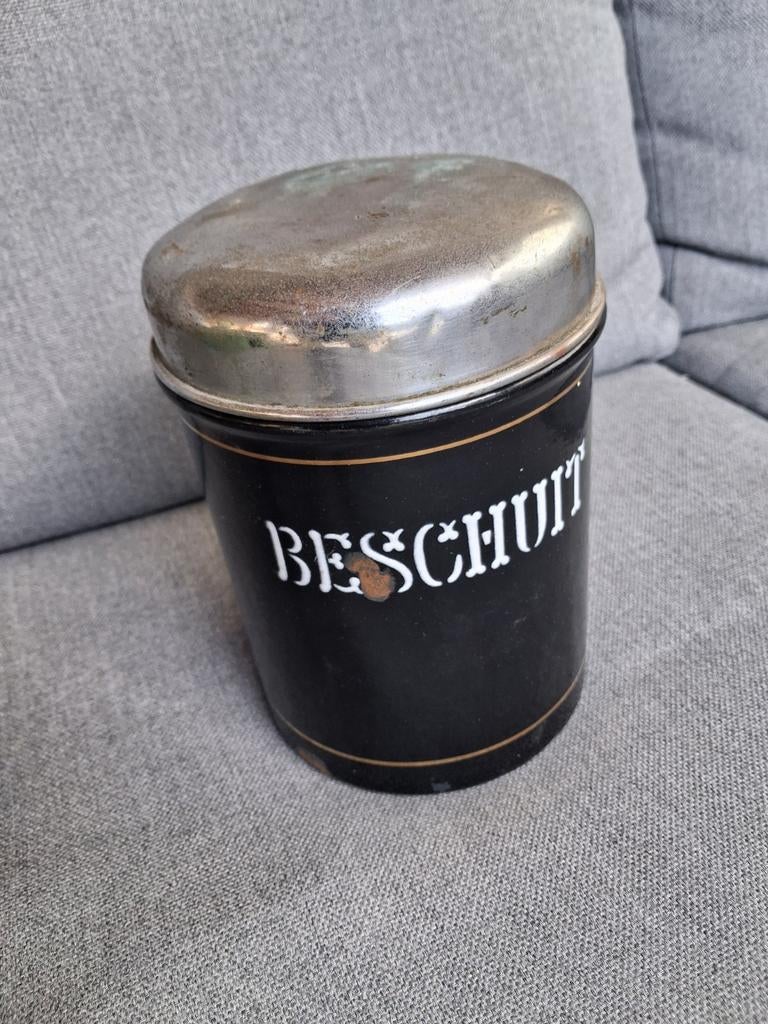 BK bus emaille zwart beschuitbus., Ophalen of Verzenden