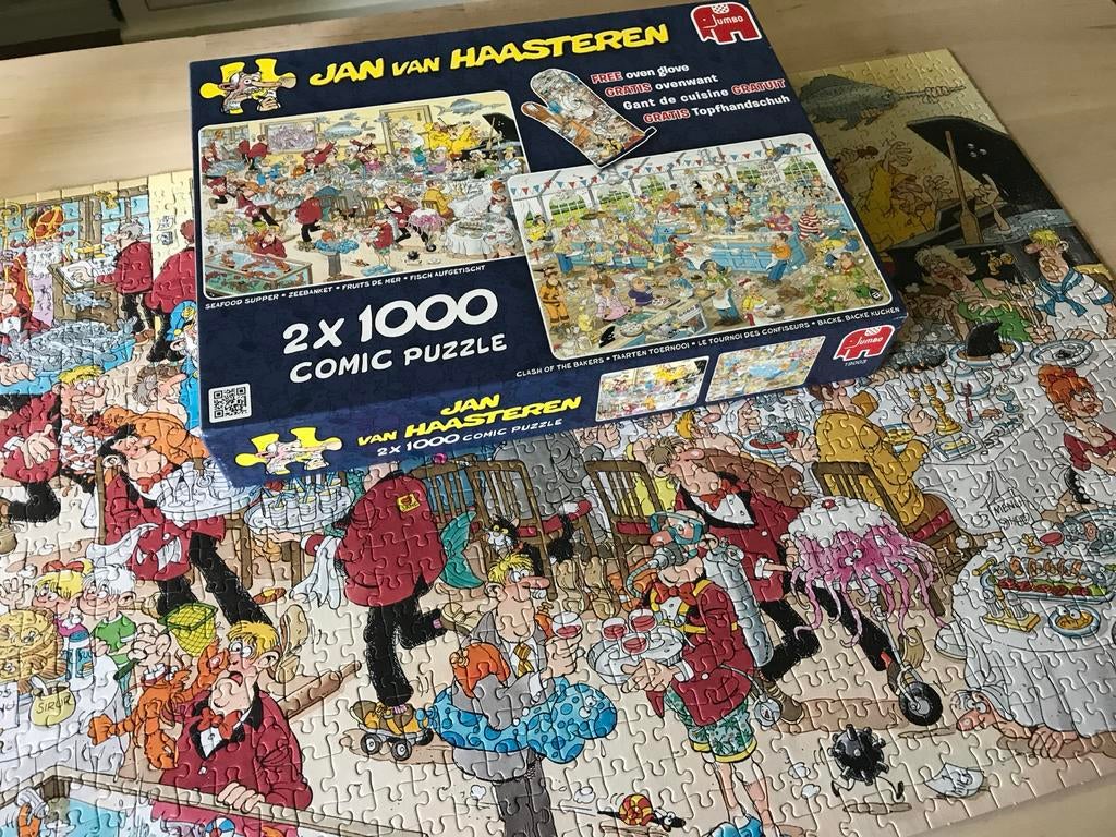 Jan van Haasteren 2x1000 st. -Zeebanket en Taarten toernooi, Ophalen of Verzenden, 500 t/m 1500 stukjes, Zo goed als nieuw, Legpuzzel