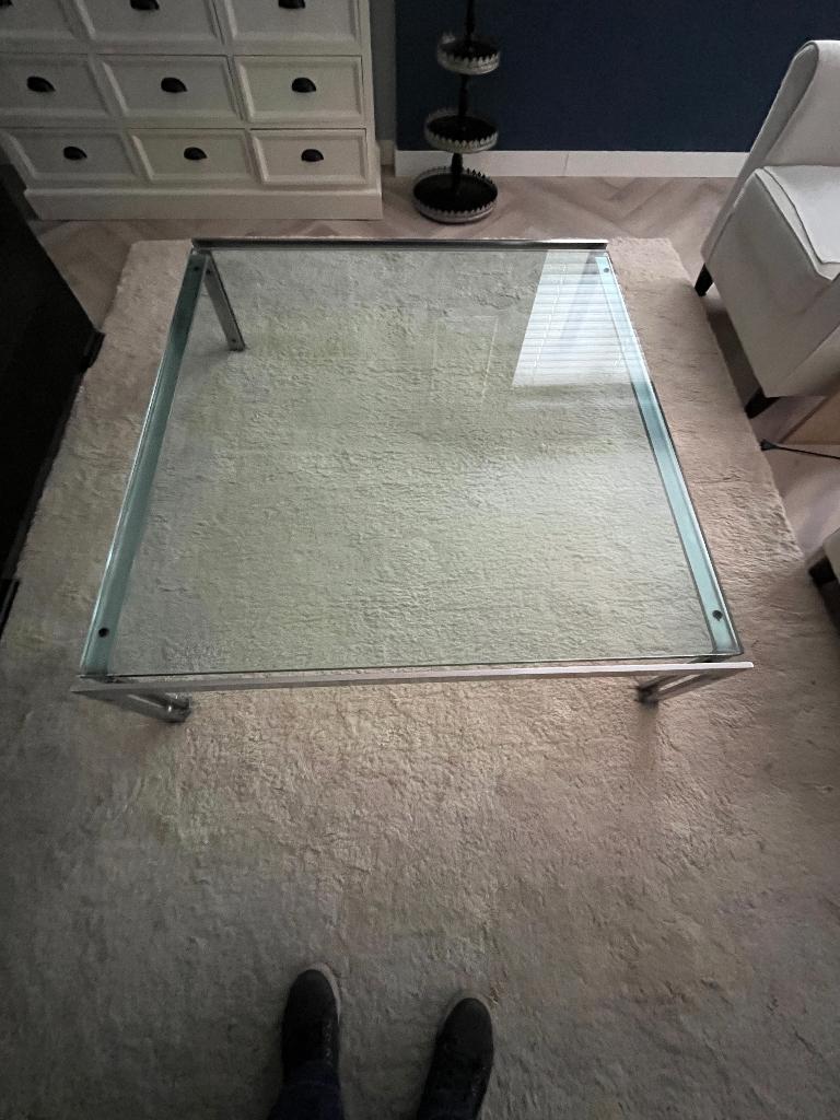 Salontafel glas/metaal, Huis en Inrichting, Tafels | Salontafels, Ophalen, Gebruikt, Vierkant, Glas