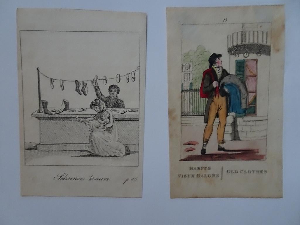 gravures schoenenverkoper, lompenboer 1800, Antiek en Kunst, Kunst | Etsen en Gravures, Verzenden
